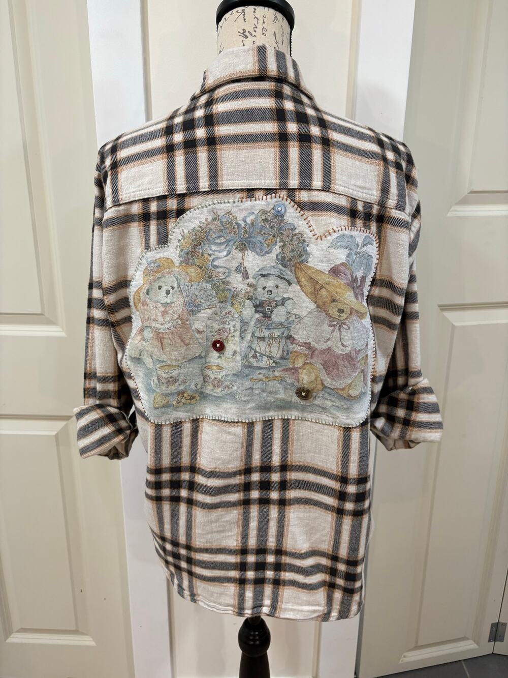 Grunge X Cottage Teddy Bear Plaid Flannel Reworked Repurposed Shirt Size Medium